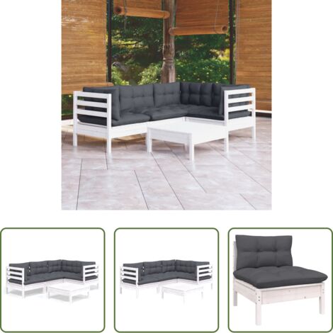 Salotto da giardino -  Set Divani da Giardino 5 pz con Cuscini Bianchi Legno di Pino