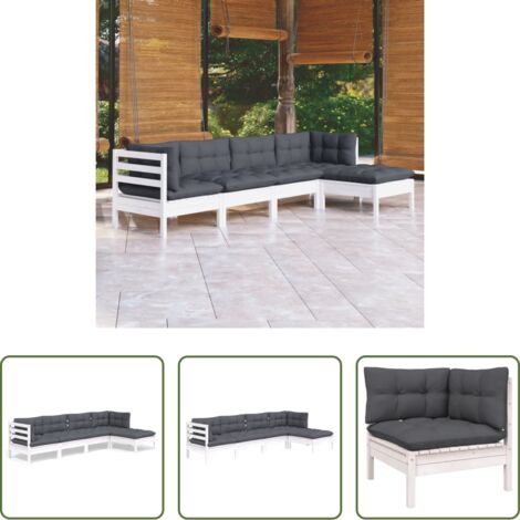Salotto da giardino -  Set Divani da Giardino 5 pz con Cuscini Bianchi Legno di Pino