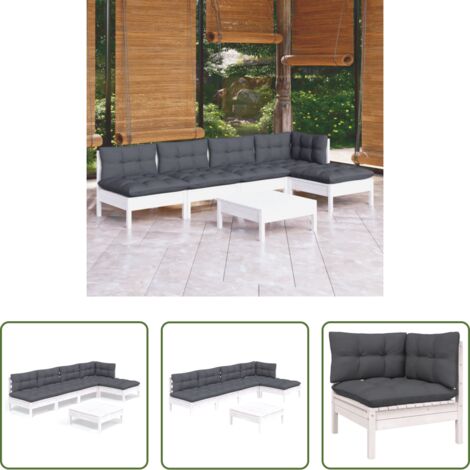 Salotto da giardino -  Set Divani da Giardino 6 pz con Cuscini Bianchi Legno di Pino