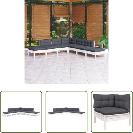 Salotto da giardino -  Set Divani da Giardino 7 pz con Cuscini Bianchi Legno di Pino