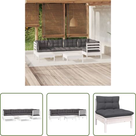 Salotto da giardino -  Set Divani da Giardino 7 pz con Cuscini Bianchi Legno di Pino