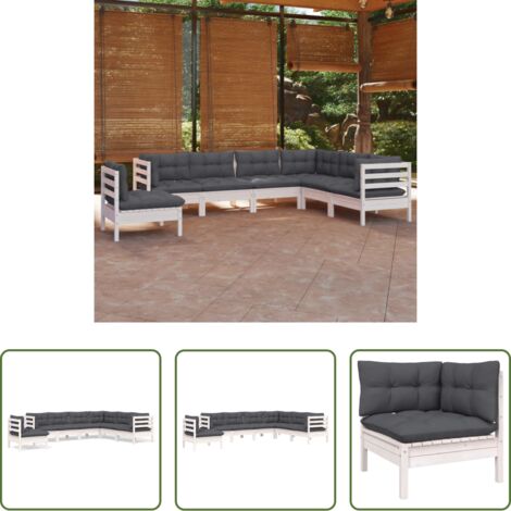 Salotto da giardino -  Set Divani da Giardino 7 pz con Cuscini Bianchi Legno di Pino