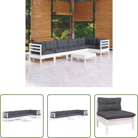 Salotto da giardino -  Set Divani da Giardino 7 pz con Cuscini Bianchi Legno di Pino