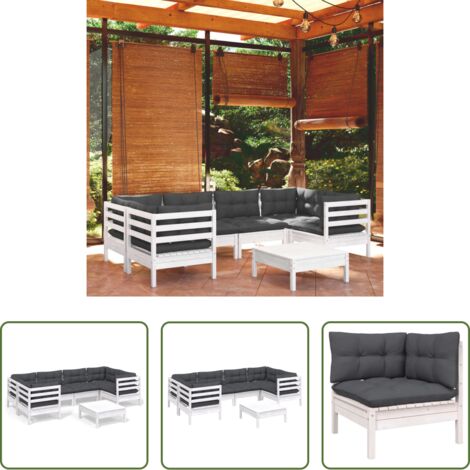 Salotto da giardino -  Set Divani da Giardino 7 pz con Cuscini Bianchi Legno di Pino