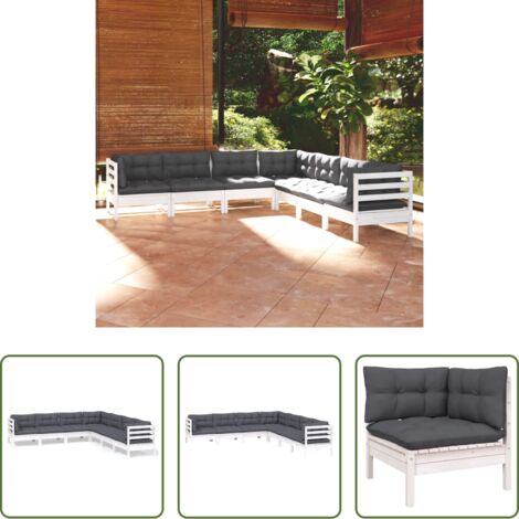 Salotto da giardino -  Set Divani da Giardino 7 pz con Cuscini Bianchi Legno di Pino