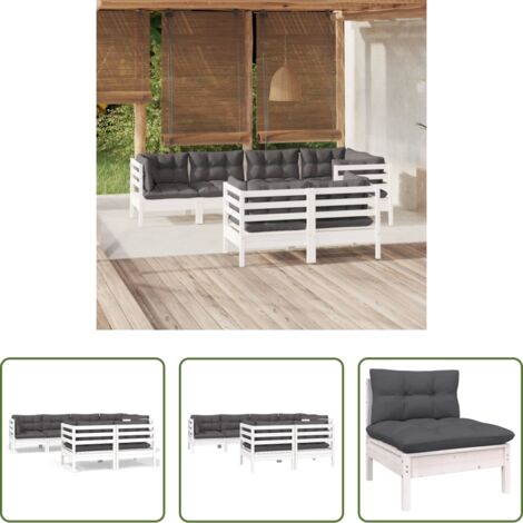 Salotto da giardino -  Set Divani da Giardino 7 pz con Cuscini Bianchi Legno di Pino