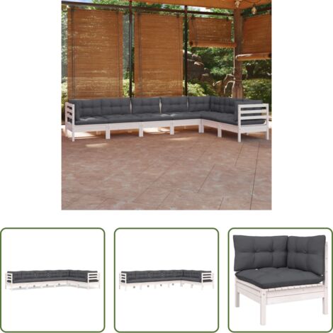 Salotto da giardino -  Set Divani da Giardino 7 pz con Cuscini Bianchi Legno di Pino
