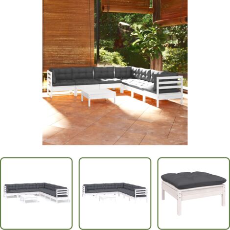 Salotto da giardino -  Set Divani da Giardino 8 pz con Cuscini Bianchi Legno di Pino