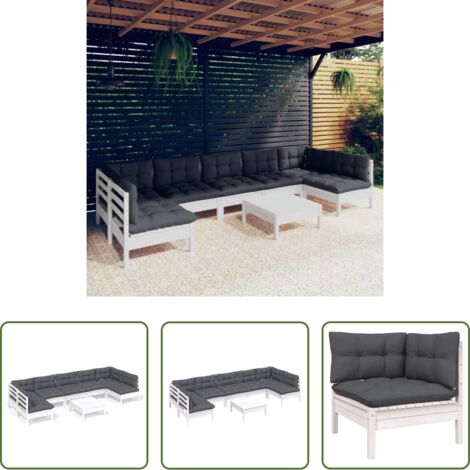 Salotto da giardino -  Set Divani da Giardino 8 pz con Cuscini Bianchi Legno di Pino
