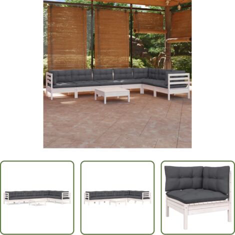Salotto da giardino -  Set Divani da Giardino 8 pz con Cuscini Bianchi Legno di Pino