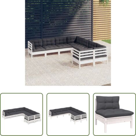 Salotto da giardino -  Set Divani da Giardino 8 pz con Cuscini Bianchi Legno di Pino