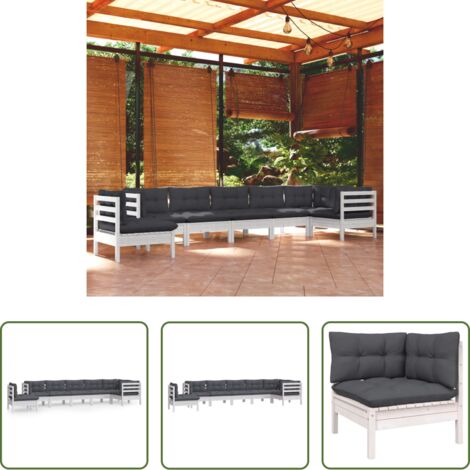 Salotto da giardino -  Set Divani da Giardino 8 pz con Cuscini Bianchi Legno di Pino