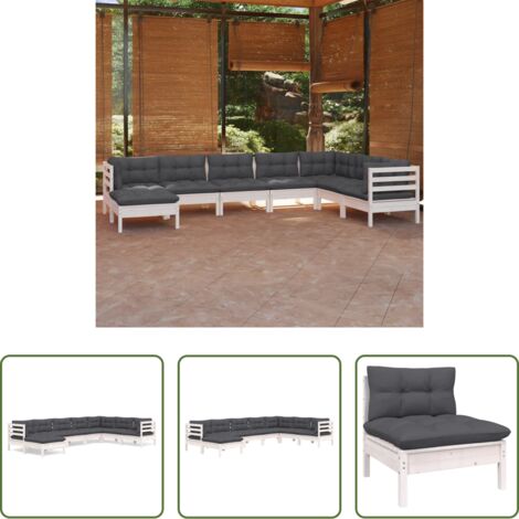 Salotto da giardino -  Set Divani da Giardino 8 pz con Cuscini Bianchi Legno di Pino