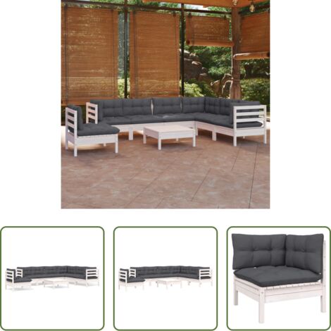 Salotto da giardino -  Set Divani da Giardino 8 pz con Cuscini Bianchi Legno di Pino