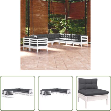 Salotto da giardino -  Set Divani da Giardino 9 pz con Cuscini Bianchi Legno di Pino