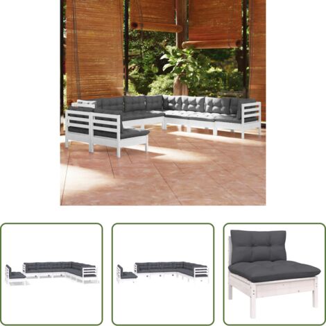 Salotto da giardino -  Set Divani da Giardino 9 pz con Cuscini Bianchi Legno di Pino