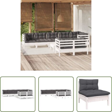Salotto da giardino -  Set Divani da Giardino 9 pz con Cuscini Bianchi Legno di Pino
