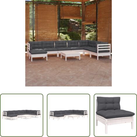 Salotto da giardino -  Set Divani da Giardino 9 pz con Cuscini Bianchi Legno di Pino