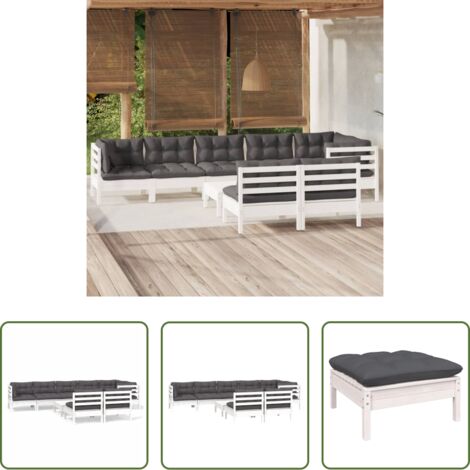 Salotto da giardino -  Set Divani da Giardino 9 pz con Cuscini Bianchi Legno di Pino