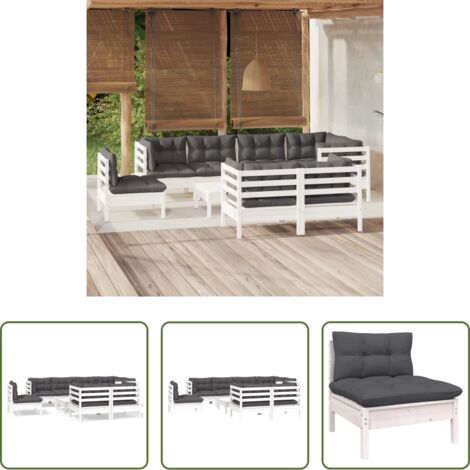 Salotto da giardino -  Set Divani da Giardino 9 pz con Cuscini Bianchi Legno di Pino