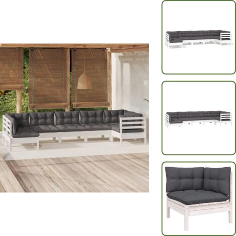 Salotto da giardino - vidaXL Set Divani da Giardino 7 pz con Cuscini Bianchi Legno di Pino - Divano angolare