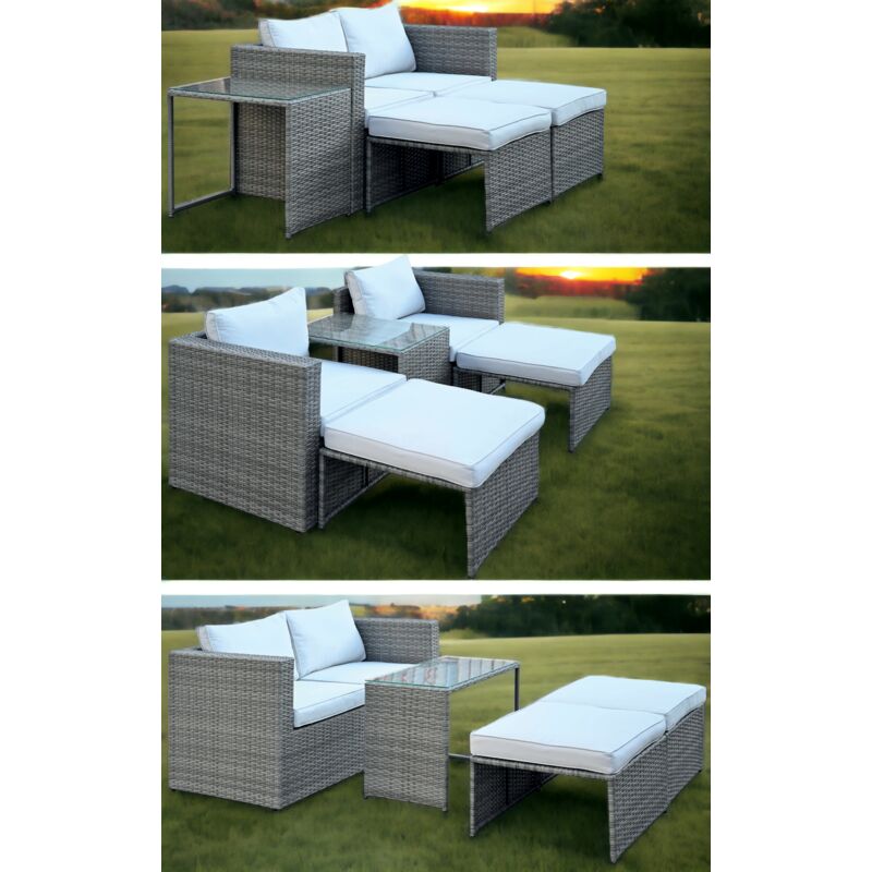 Salotto divano chaise lounge modulare da esterno in alluminio e rattan con cuscini da giardino Combo Grigio