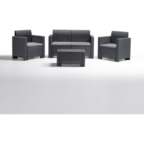 Salotto Nebraska 2 in resina effetto polirattan antracite composto da divano due poltrone con cuscini e un tavolino da giardino esterno
