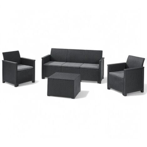 Salotto per esterno in resina effetto rattan 2 poltrone 1 divano triposto e 1 tavolino Emma Lounge