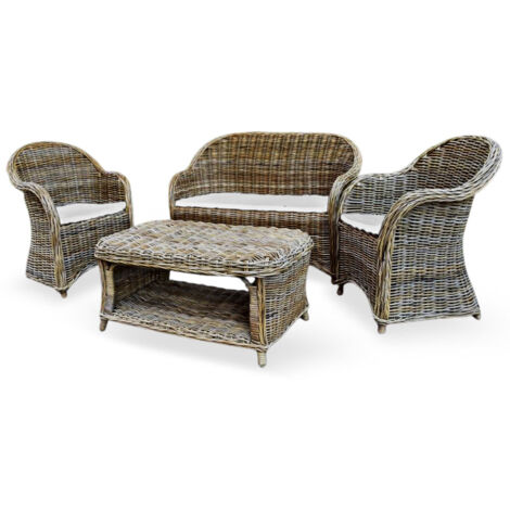 Salotto Roma da 1 divanetto 2 poltrone 1 tavolino in rattan intrecciato grigio