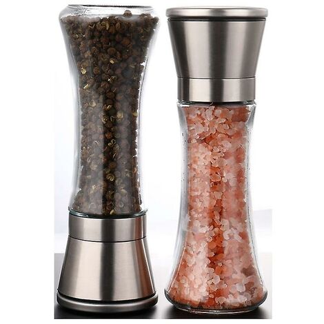 Salt and Pepper Grinder Set, Stainless Steel Sea Salt & Pepper Grinder  Refillable Set, Manual Adjustable Ceramic Salt and Pepper Grinders, Clear  Glass Metal Pepper Mill Set,2pcs Tall 