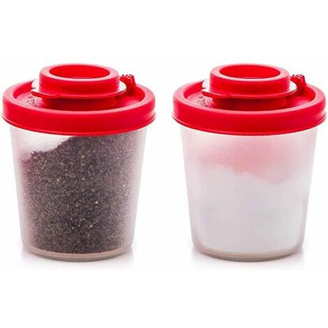 Salt and Pepper Shakers Kitchen Lunch Boxes Travel Spice Set Clear with Red Covers Lids Plastic Airtight Spice Jar Dispenser Lunchboxes (2PC)