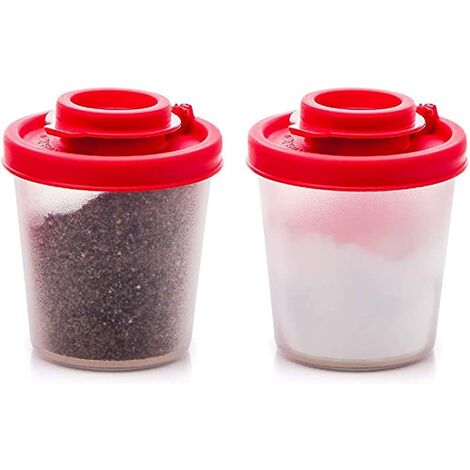 Salt and Pepper Shakers Kitchen Lunch Boxes Travel Spice Set Clear with Red Covers Lids Plastic Airtight Spice Jar Dispenser Lunchboxes (2PC)