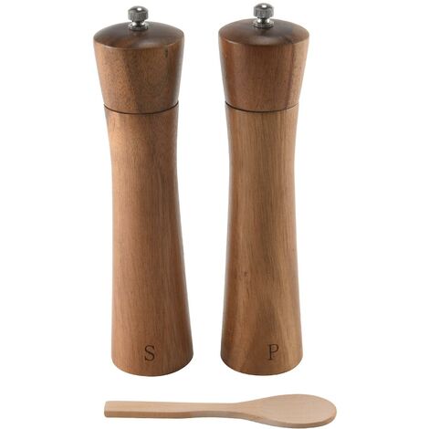 Salt And Pepper Grinder Set, Acacia Wood Adjustable Coarseness Pepper Mill  With Wooden Stand, Cleaning Brush & Spoon, Pepper Grinder, Refillable Spice  Bottle, Salt And Pepper Shakers, Kitchen Decor, Chrismas Gifts, Kitchen