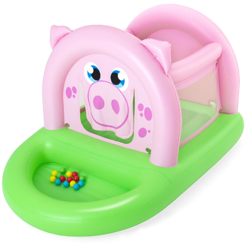 Bestway - Saltador Hinchable Con 15 Bolas De Juego Oinkster Pig 239X162X137 Cm Color Rosa Y Verde Con Malla De Seguridad