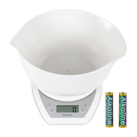 Salter 1024 WHDR14 Bilancia da Cucina Digitale con Ciotola da 2 litri e Beccuccio Doppio, Display LCD, Funzione Aggiungi, Funzione Aquatronic, Bilancia con Capacità Max di 5 kg, pesa cucina, Bianc