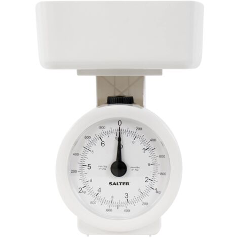 Salter 112 WHWHDR - Bilancia da cucina meccanica, max 3 kg, analogica, quadrante di facile lettura, lavabile in lavastoviglie, ingombro minimo, recipiente rimovibile da 1 l, senza batteria, bianco