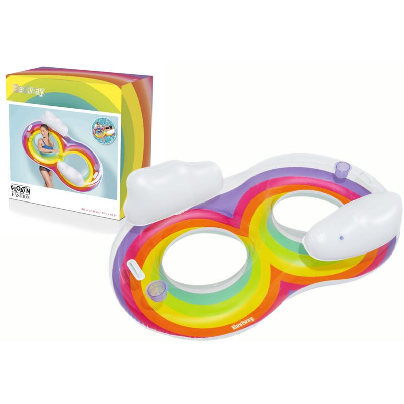 Image of Bestway - Salvagente Gonfiabile per 2 per Spiaggia o Piscina Rainbow Dreams Swin Tube 172x102 cm con 2 Portabicchieri Multicolore