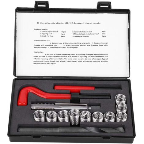 Samfoxy 15 pièces Samfox Kit de réparation de Filetage en Acier Inoxydable clé à perceuse torsadée Insert fileté pour Voiture M14x2