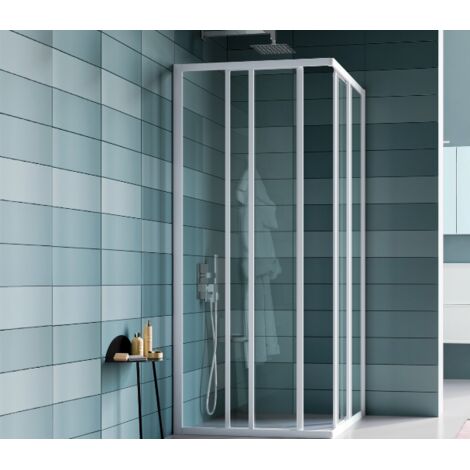 Samo - Paroi de douche d’angle ouverture coulissante 77-81 cm quatre panneaux profilé blanc verre transparent - America