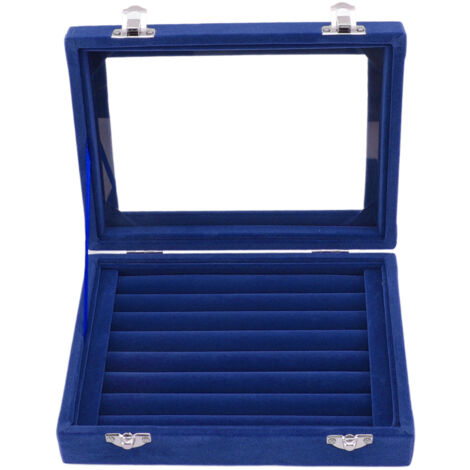 Samt-Schmuckkästchen mit 7 Fächern und transparentem Deckel für Ringe, Halsketten und Ohrringe – Blau