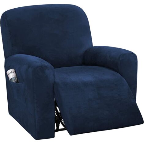 Samt-Stretch-Sesselbezug, 4-teilig, weicher Sesselbezug mit Seitentasche, rutschfest, waschbar, Sofabezug fürs Wohnzimmer， Marineblau