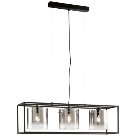 SAMU E27 suspension 3x40W métal sable noir, verre fumé H : 150cm L : 90cm l : 23cm dimmable, réglable en hauteur