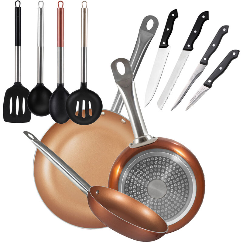 

Copper Plus Set 3 Sartenes + 4 Cuchillos + 4 Utensilios, Aluminio Prensado, Multicolor - San Ignacio