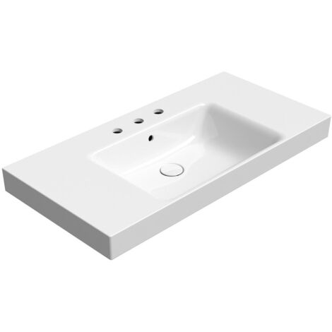 SAND lavabo en céramique 100x50cm avec étagères, bord de fond groud, 3 trous de robinet, blanc ExtraGlaze