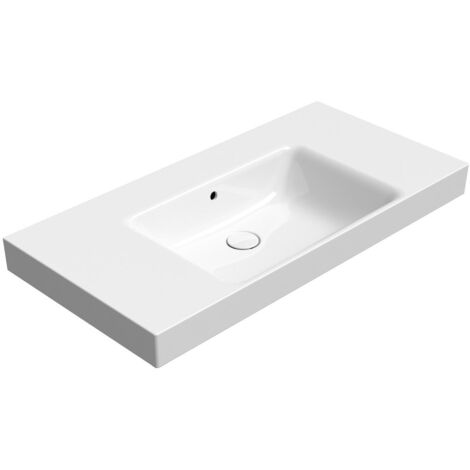 SAND lavabo en céramique 100x50cm avec étagères, bord de fond groud, pas de trou de robinet, blanc ExtraGlaze