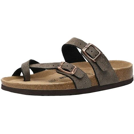 Sandales pour femmes semelle en liège sandales à glissière réglables avec double boucle pour décontracté été tongs anneau bout ouvert sandale de plage