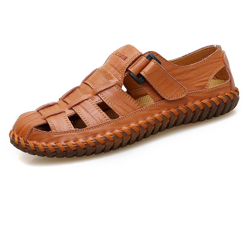 Sandales pour hommes fermeture en cuir chaussures de randonnée été confortables Sports de plein air randonnée(brun rougeâtre, 41)