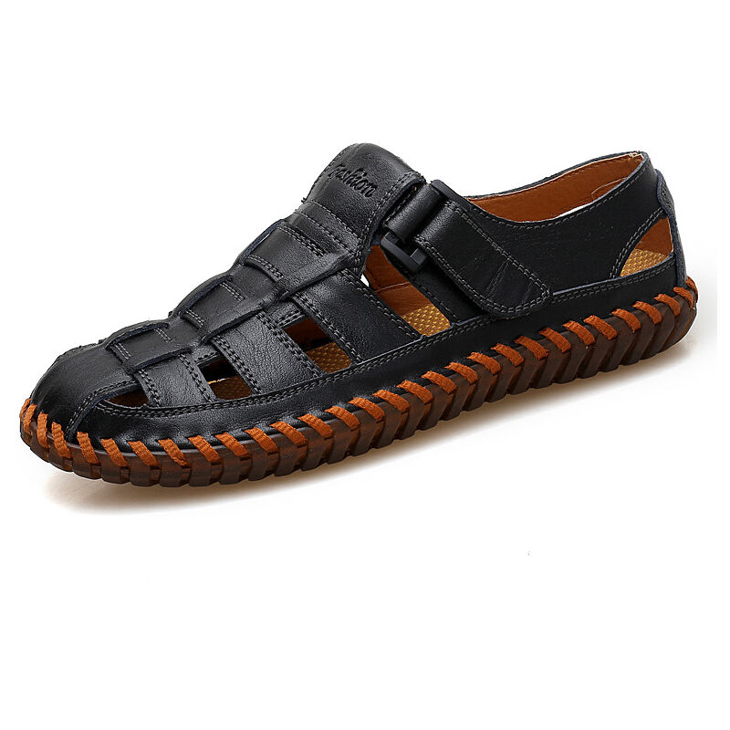 Sandales pour hommes fermeture en cuir chaussures de randonnée été confortables Sports de plein air randonnée(noir, 42)