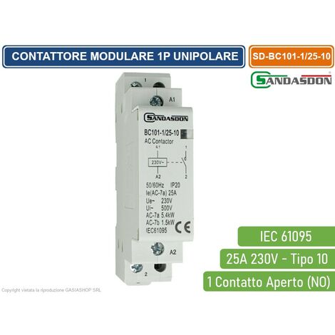 SANDASDON CONTATTORE MODULARE SU BARRA DIN 1P UNIPOLARE 25A 230V 1 CONTATTO APERTO NO TIPO 10