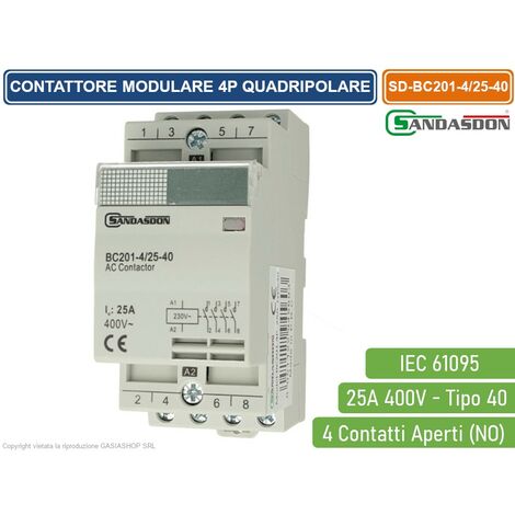SANDASDON CONTATTORE MODULARE SU BARRA DIN 4P 25A 400V 4 CONTATTI APERTI NO TIPO 40